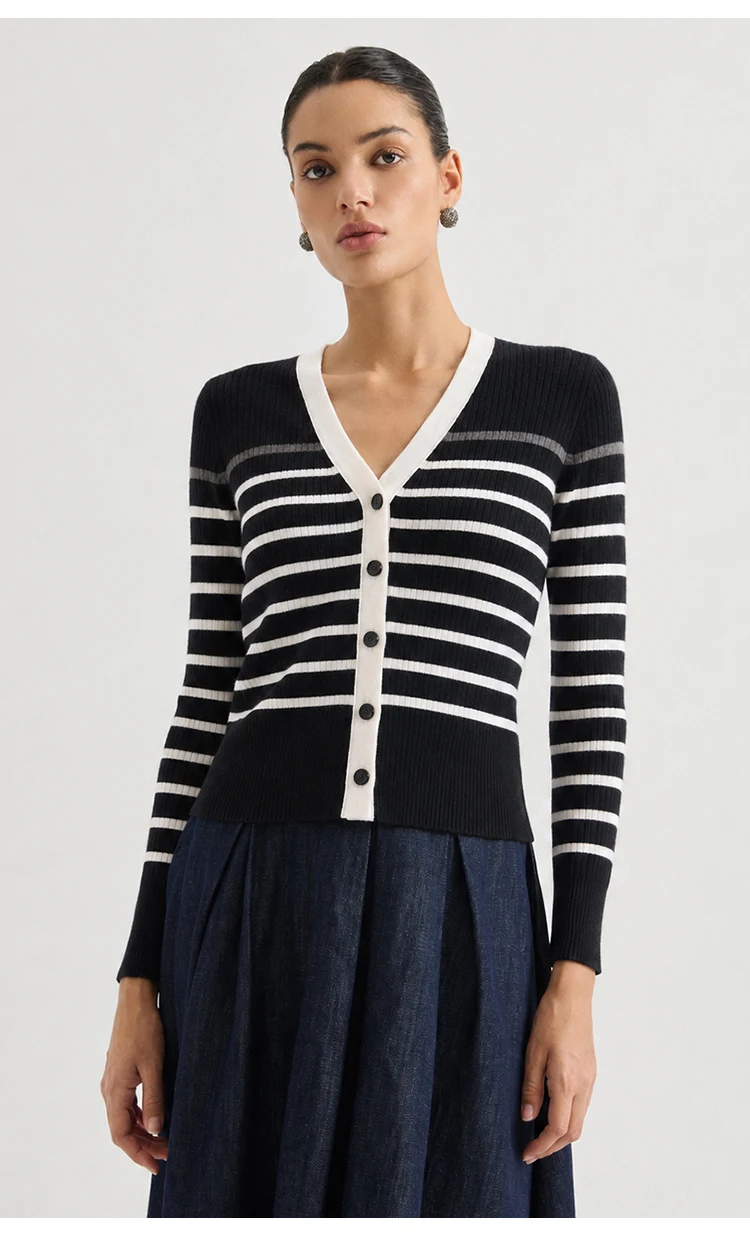 MZ62028 Damen Vintage Gestreifter V-Ausschnitt Gerippter Strick Langarm-Cardigan mit Kontrastbesatz Knopfleiste Modal-Mischung Frühherbst-Pullover – Detail 5