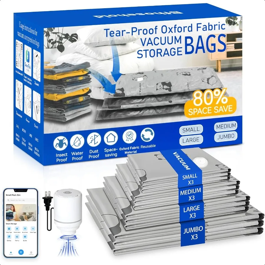 

12 Pack TearProof Space Saver Vacuum Storage Bags with Pump 3 Jumbo 3 Large edium 3 Small Oxford Fabric Reusable Vacuum Seal Ba