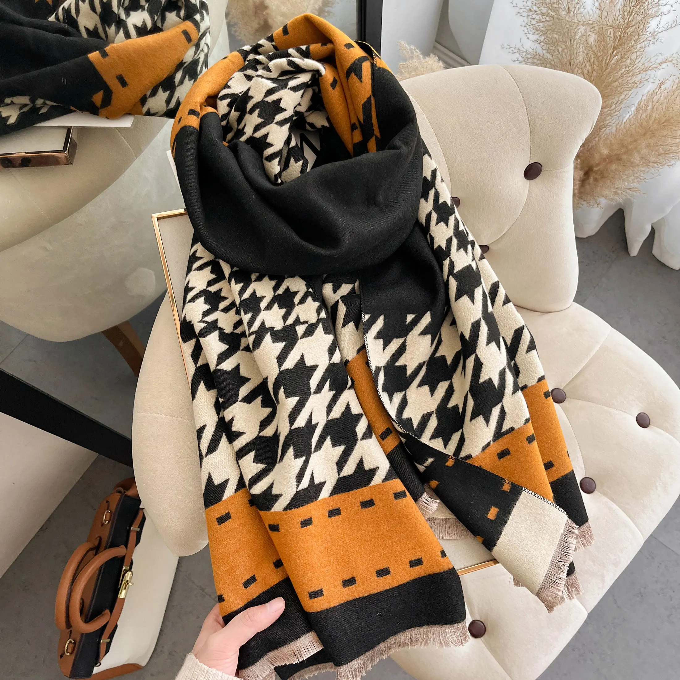 New Double Side Cashmere Scarf Autumn Winter Women\'s Houndstooth Fashion Ladies Long Thickened Warm Knitted Scarf Hijab Stole