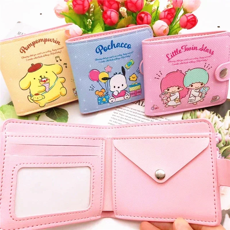 MINISO Disney Cute Anime Small Short Wallet for Girls Women Kuromi Cinnamoroll Kawaii Coin Purse with Buttons Folding Wallets