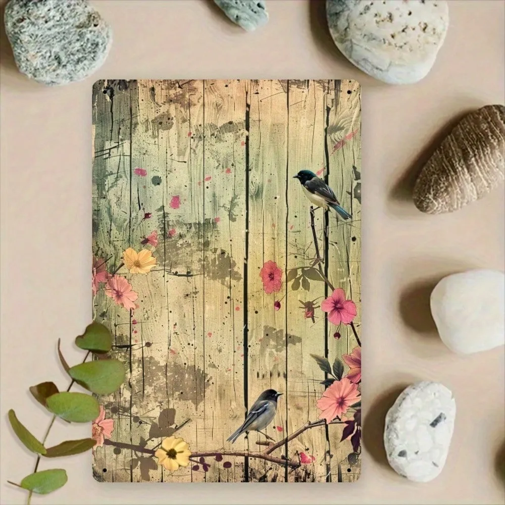 

Brand Vintage Metal Sign - Rustic Spring Birds & Blooms Wall Art 8x12 Inch, Retro Iron Bluebird Flowers Decor For Home Cafe