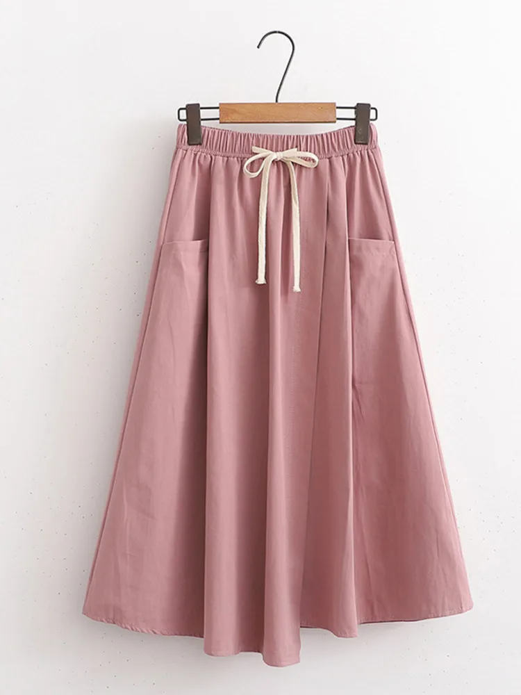 Elegant Summer A Line Skirts Women Fashion High Waist Korean Large Pocket With Drawstring Solid Color Casual Chic Skirt New