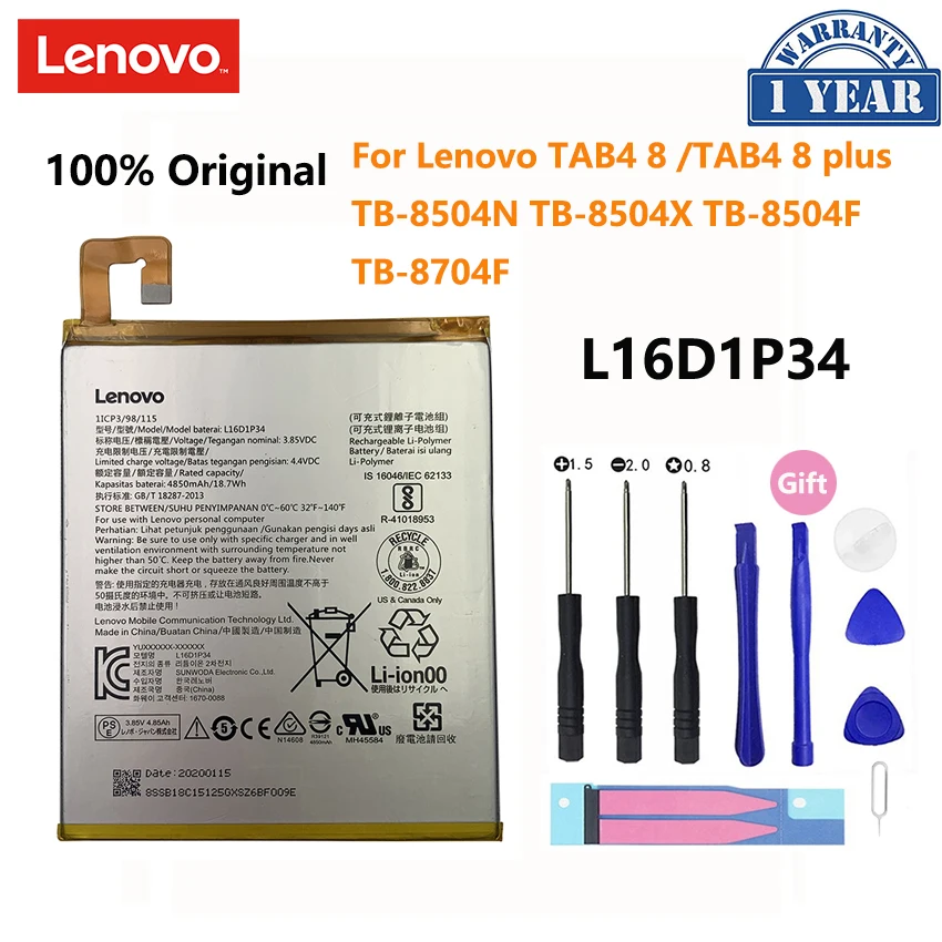 

100% Original 4850mAh L16D1P34 Battery For Lenovo TAB4 8 TB-8504N TB-8504X TB-8504F TAB4 8 plus TB-8704F Batteries Bateria