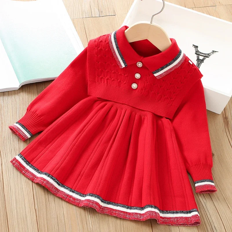 Girls Sweater Dress Autumn Winter Long Sleeve Dress+vest Kids Dresses for Girls Baby Girl Retro Knitted Princess Dress Vestidos