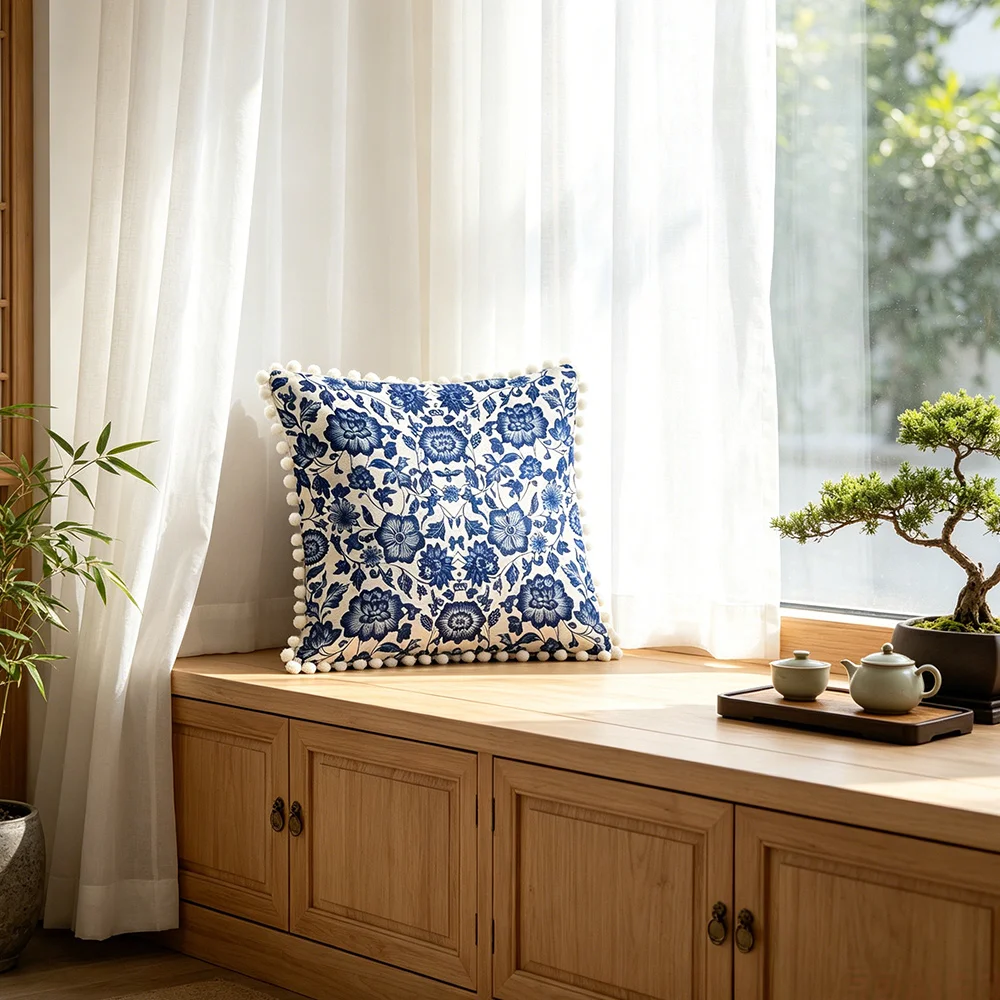 1PCS New Chinese Style Blue And White Porcelain Floral Tassel Edge Decorative 100% Polyester Fiber Pillowcase Machine Washable I