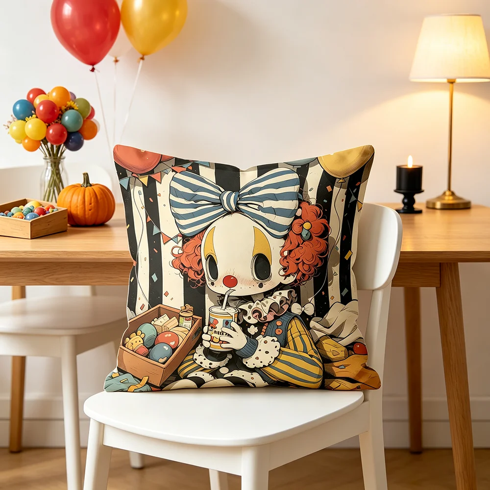 1PC Throw Pillow Cover,Vintage Clown Doll Print,Retro Circus Style,For Sofa Bedroom Couch Home Decor