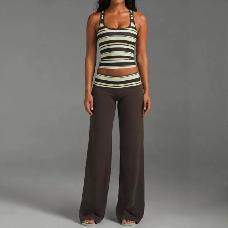 Retro Y2K Striped 2 Piece Set For Women Square Neck Slim Fit Crop Vest Top High Waist Flare Pants Lady Casual Streetwear Outfits