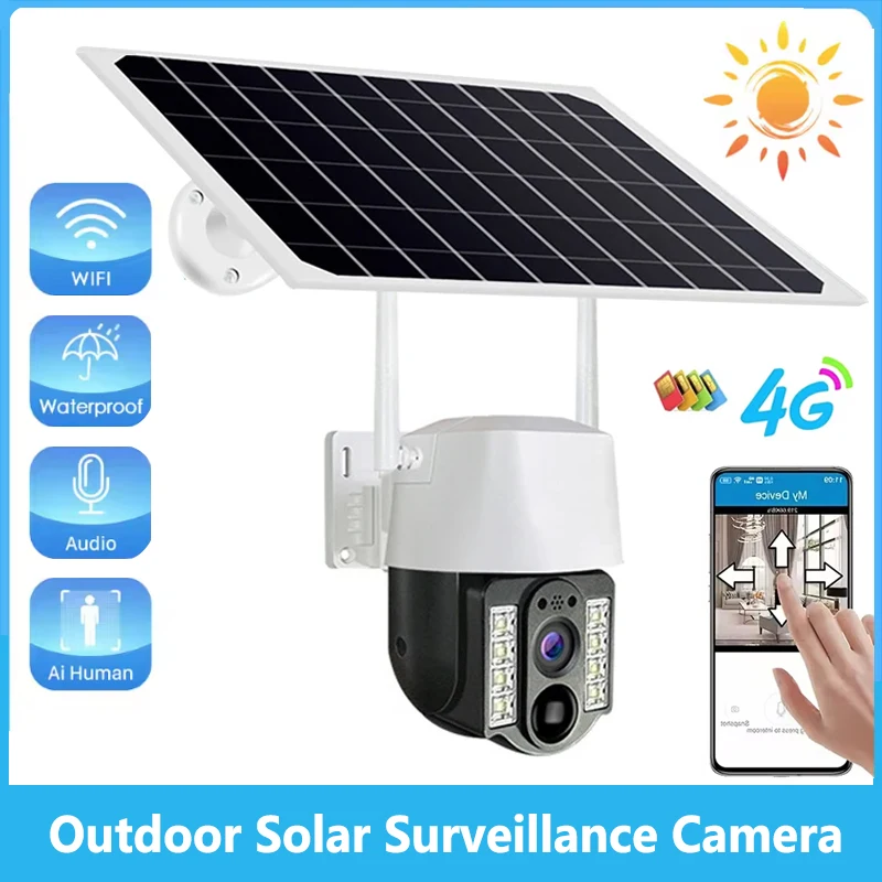 Solar WiFi PTZ Camera 4G Sim Outdoor Waterproof IP Cameras PIR Motion Detection Night Vision Built-in Battery Surveillance Cam