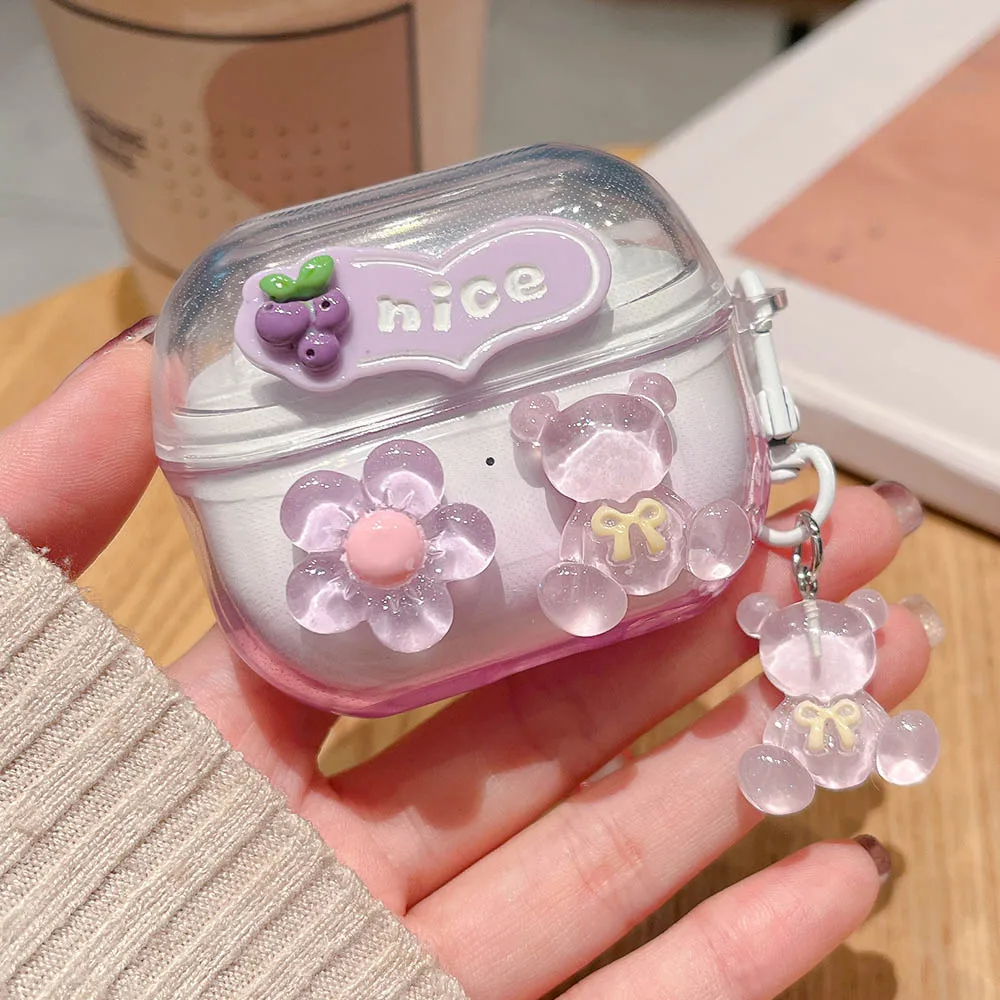 DIY Watermelon 3D Pink Flowers Crystal Bear Pendant For Samsung Galaxy Buds 3 Pro Bluetooth Earphone Cover Clear Protective Case