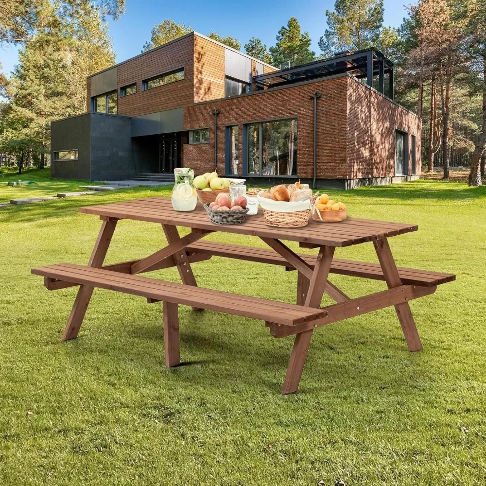 Wood Outdoor Picnic Table Picnic Tables with Benches and Umbrella Hole, Classic Picnic Table Bench Set for 6 or 8 Person Outdoor