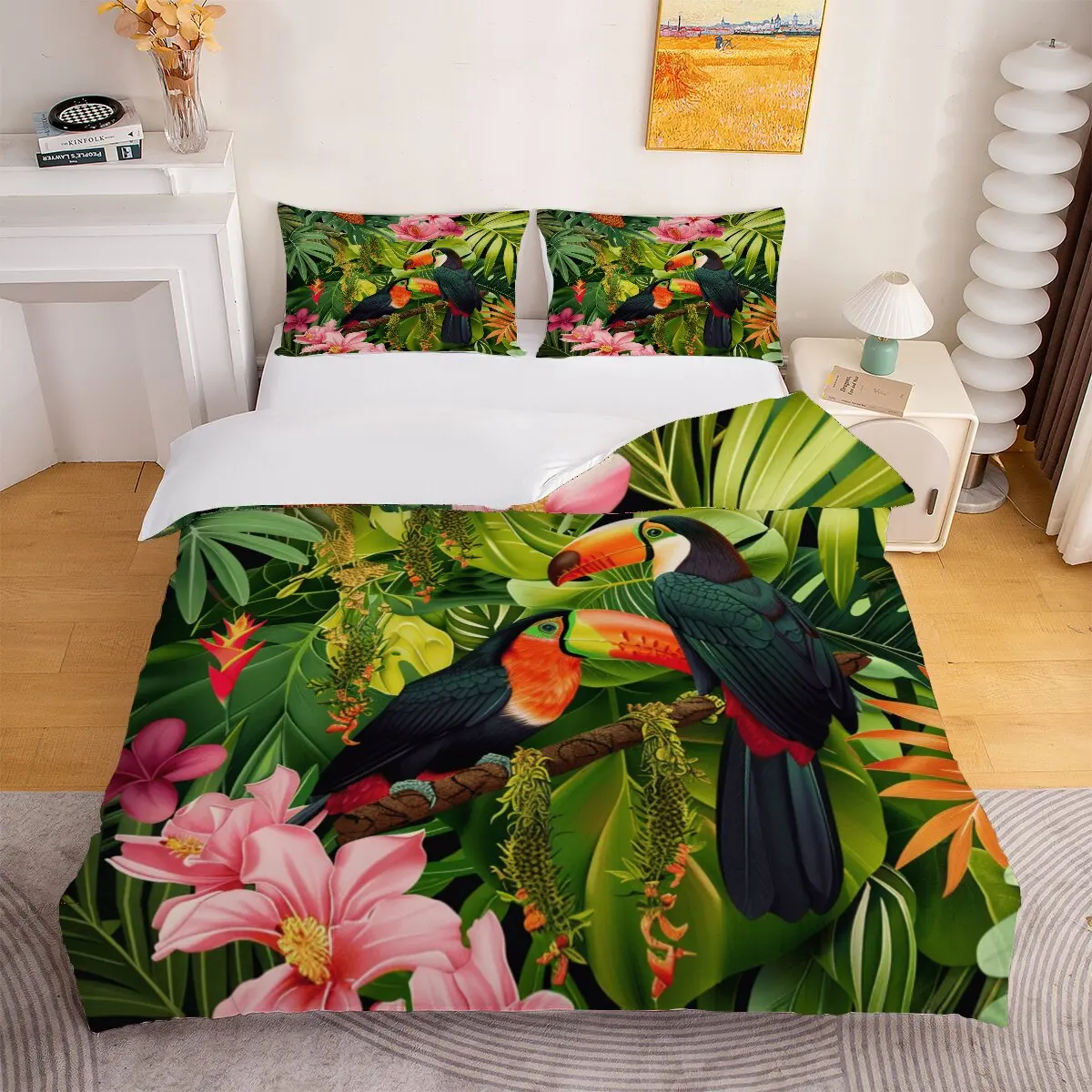 Toucans  Down comforter set, extra large size  Orange Flamingos  1 duvet cover and 2 pillowcases (without blankets)