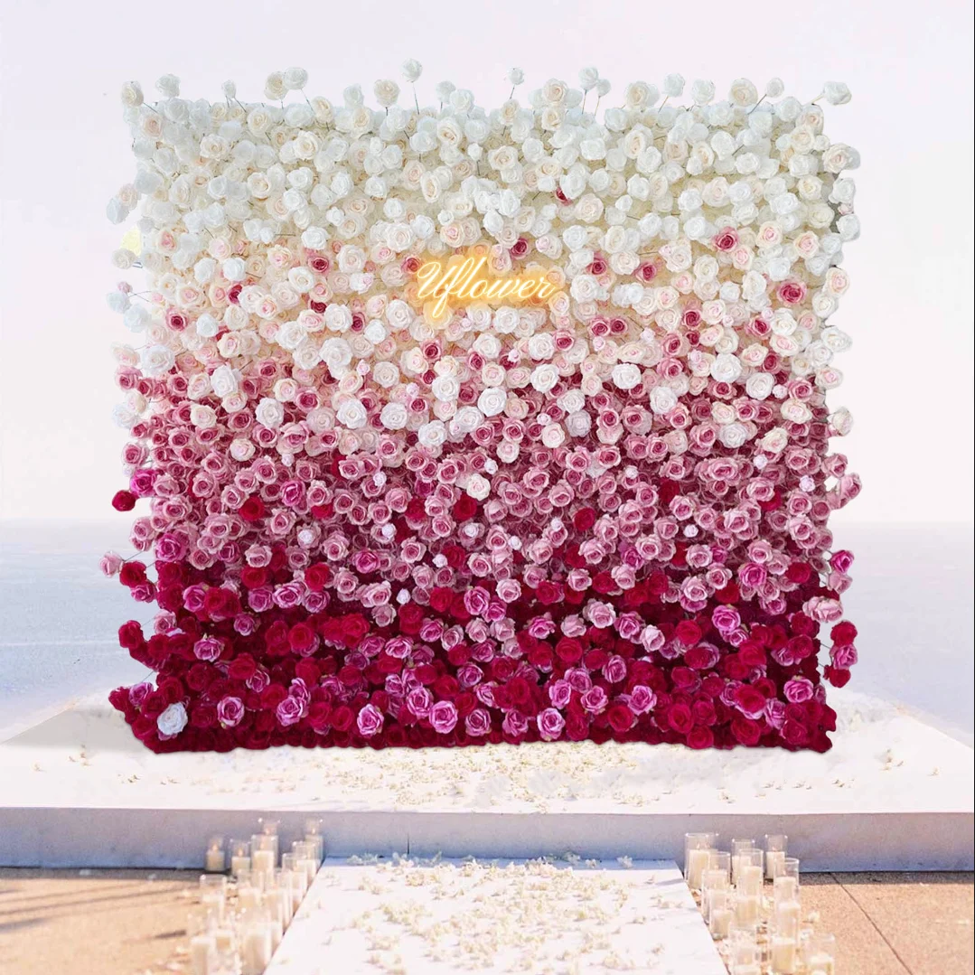 Uflower Wedding Red White Rose 5D Artificial Flower Wall Row Arch Backdrop Fabric Floral Event Party Prop Floral Arrangement