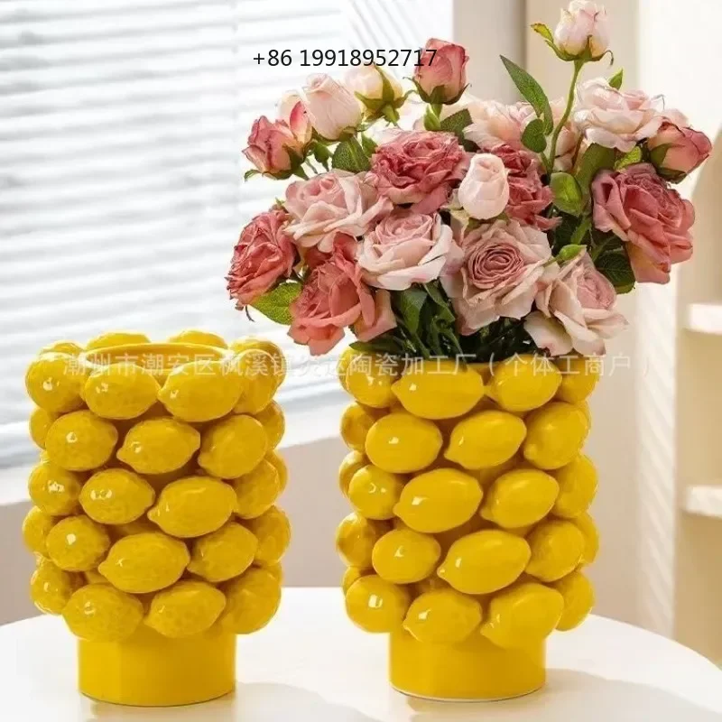Cross-border hot-selling ceramic vase fruit lemon modern simple wide-mouth flower pot living room ornament creative vase