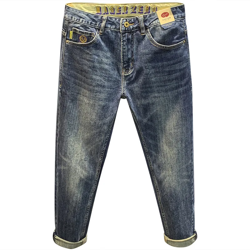 Calça jeans masculina justa bordada, calça casual para pés, artesanato pesado, lavada, de qualidade alta, na moda, outono, 2024