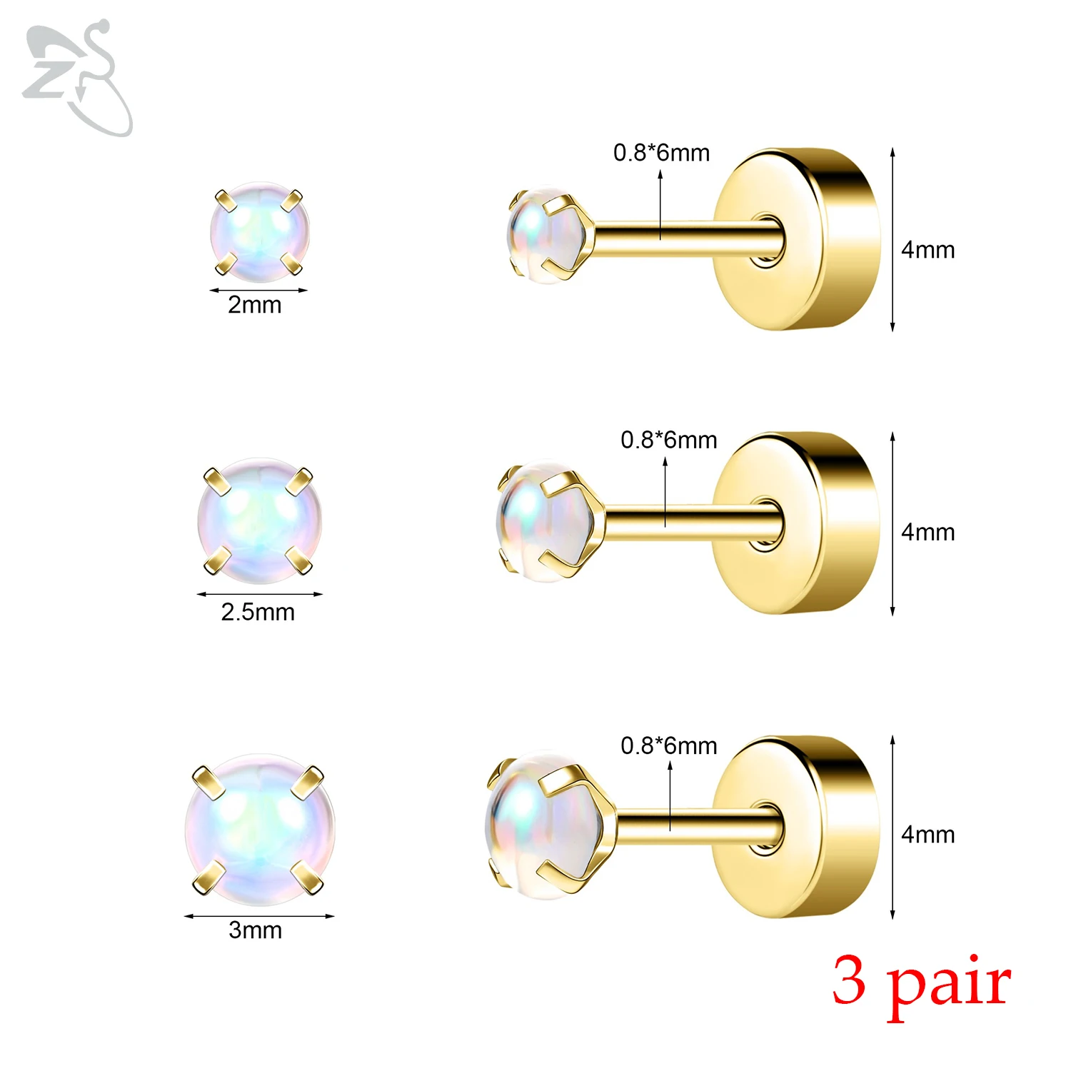 ZS 3Pair Stainless Steel Ear Studs Heart Stud Earrings Moonstone Tiny Cartilage Earrings Gold Color Conch Helix Piercing 20G