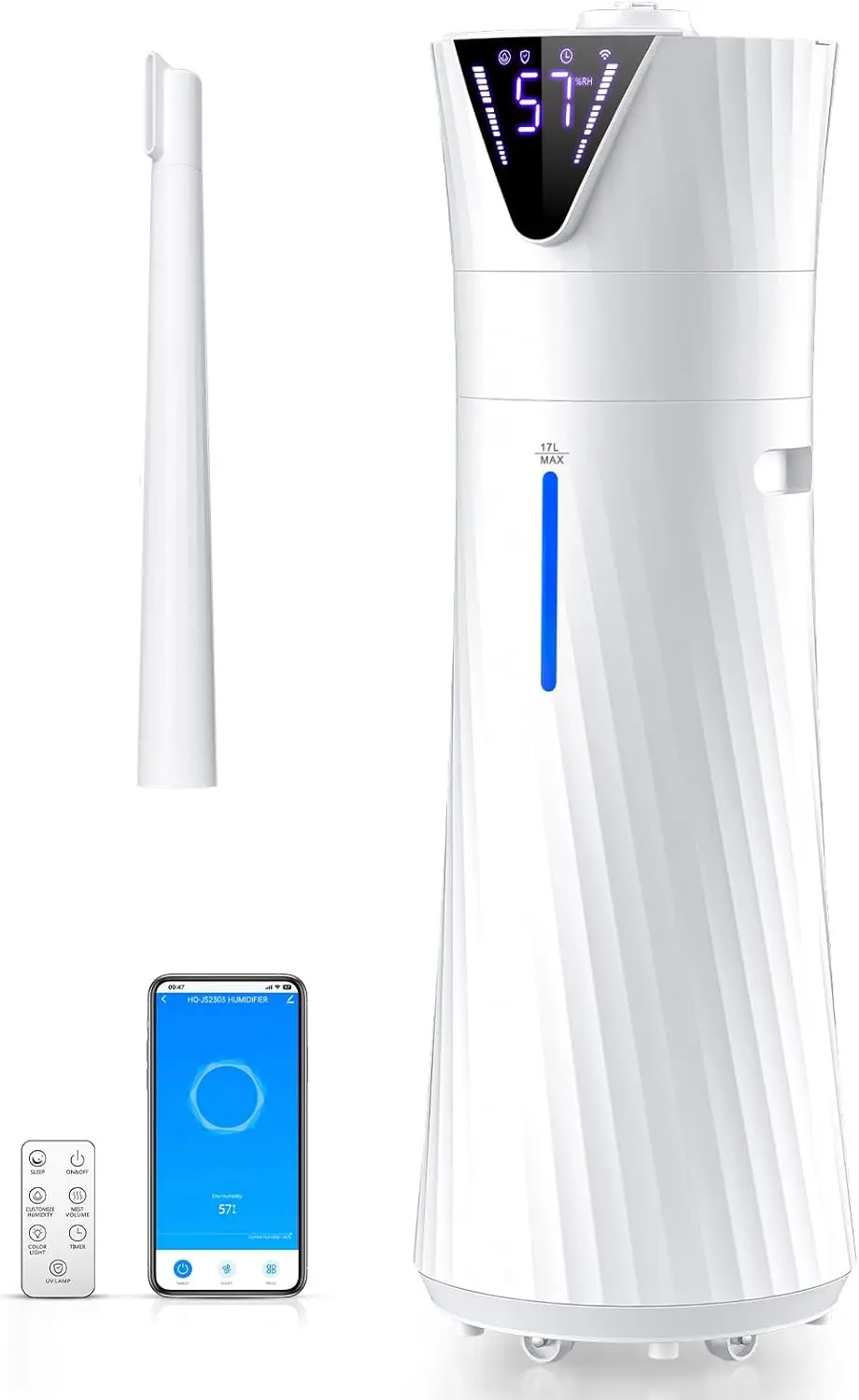 

Ультразвуковой увлажнитель воздуха для больших помещений, 17 л, с функцией холодного тумана, 56 часов работы, охват 2000 кв. футов, таймер на 24 часа и режим сна