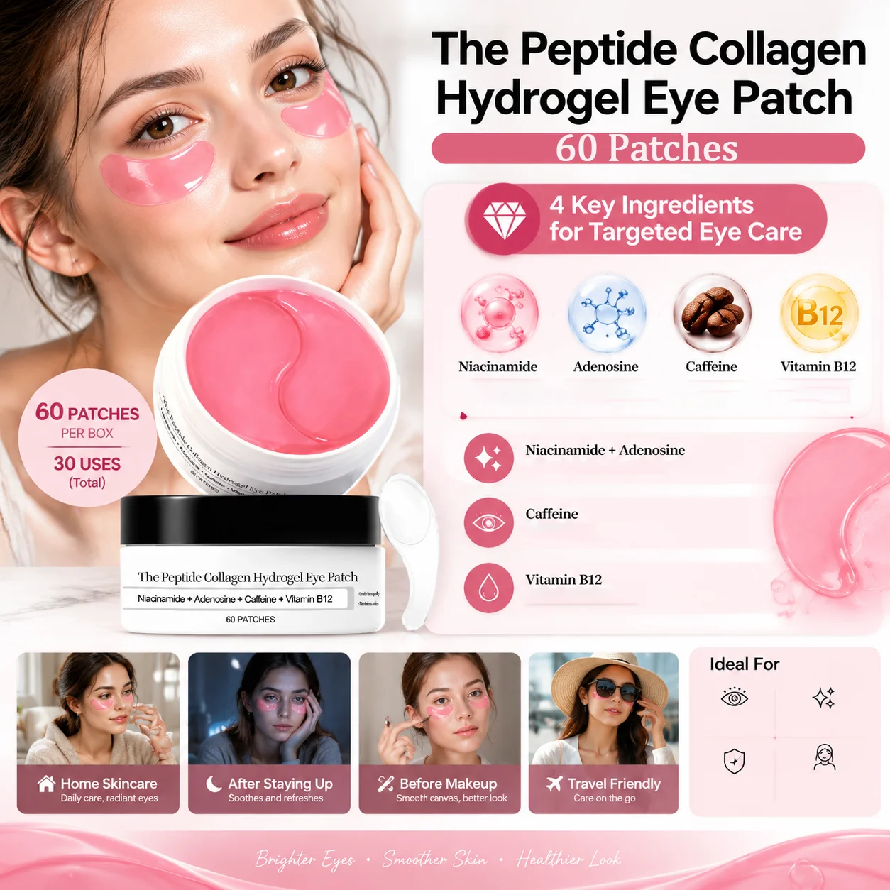 60 Pcs Collagen Peptide Eye Care Patches Hydrating Under Eye Mask Moisturizing Hydrogel Pads Daily Eye Skincare Mask Korea