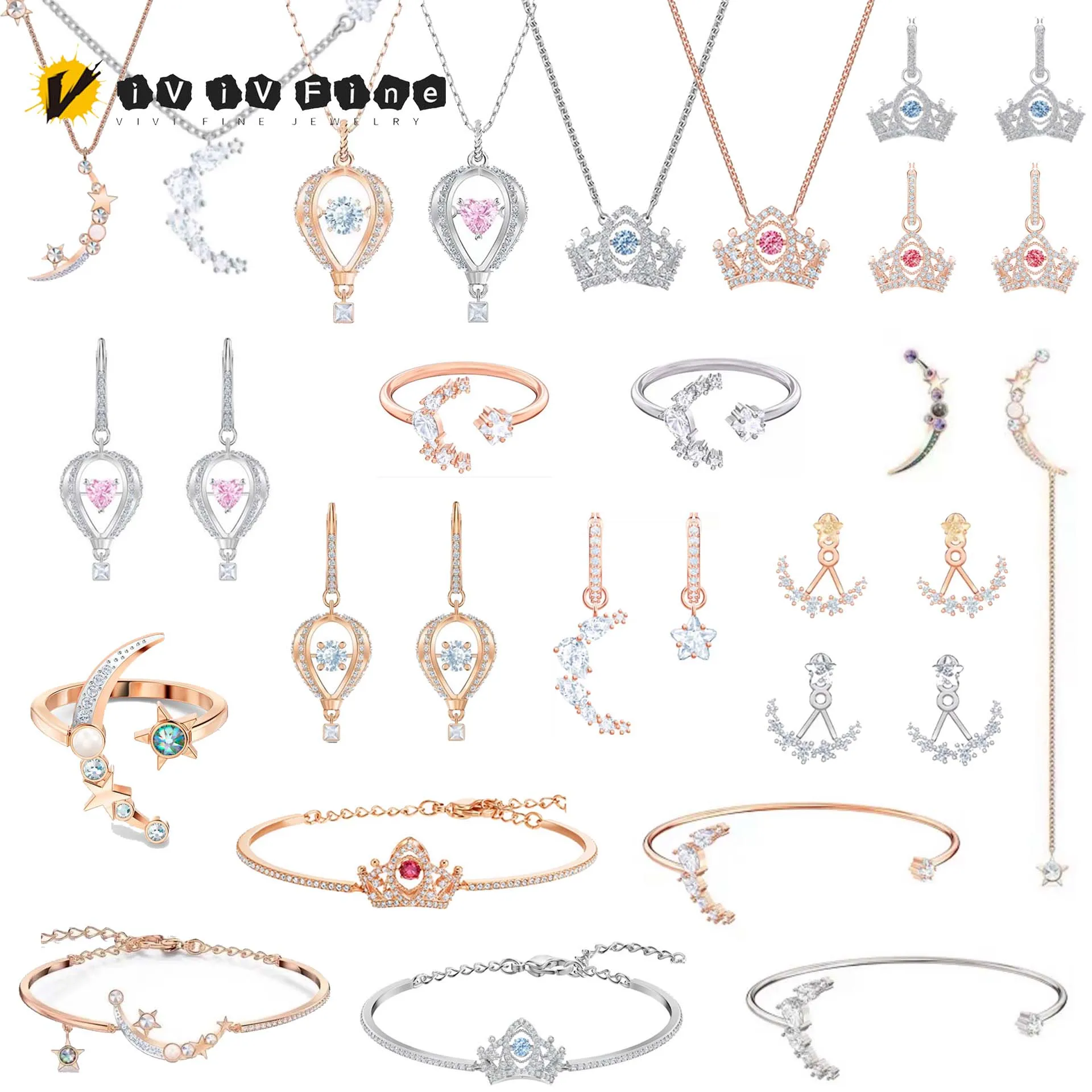 

Luxury Princess Jewelry Set New Fashion Sparkling Crystal Necklace Bracelet Earrings Open Ring Charming for Women Romantic Gift