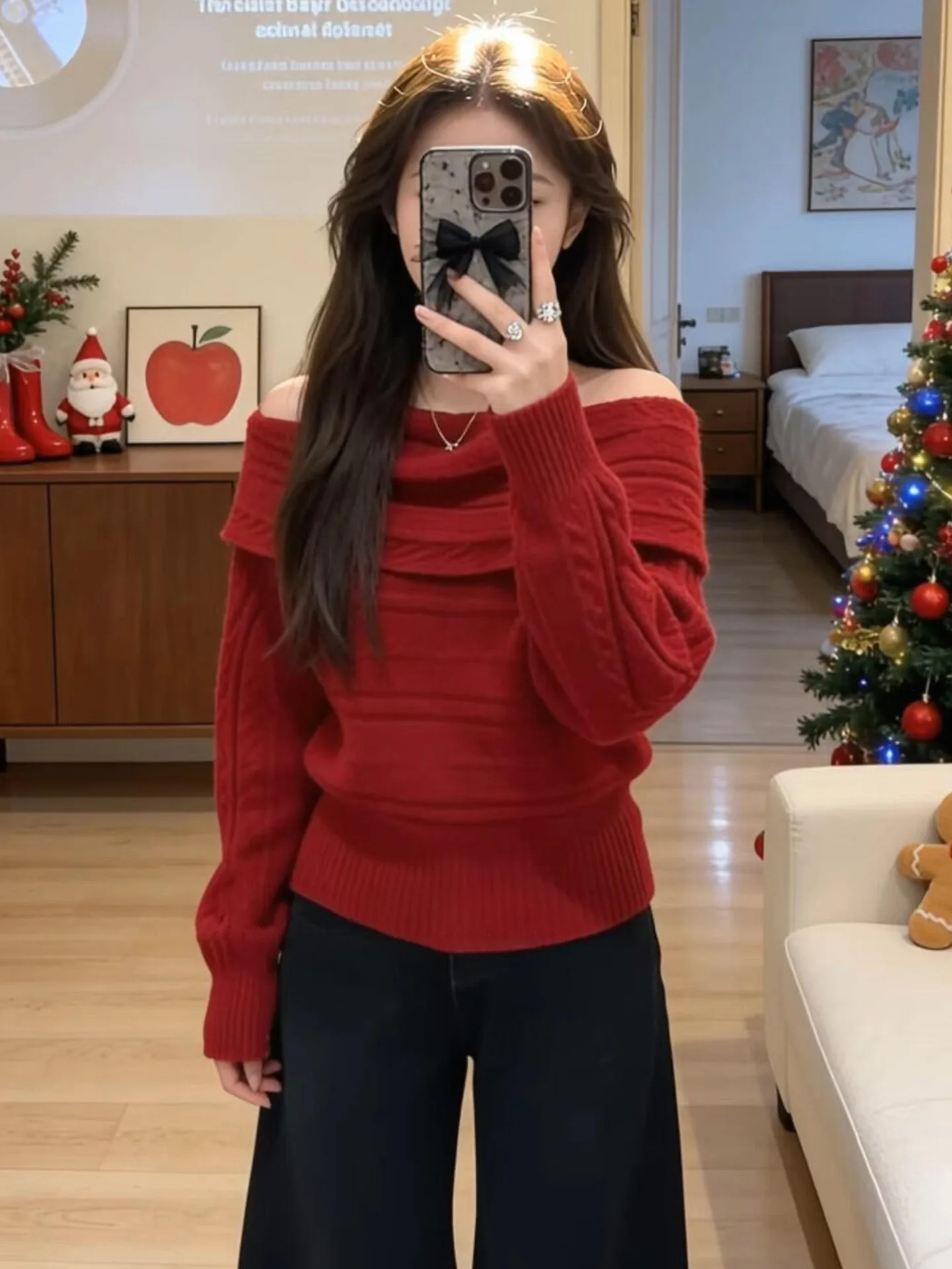 시사스 새해 레드 니트 스웨터 여성용 레이지 소프트 슬리브 원숄더 트위스트 플라워 겨울 롱 스웨터