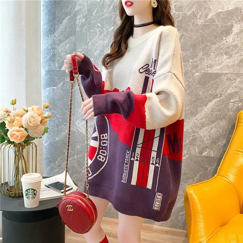 2023 Autumn New Korean Edition Chic Loose Round Neck Pullover Sweater Women\'s Network Red Versatile Knitted Sweater