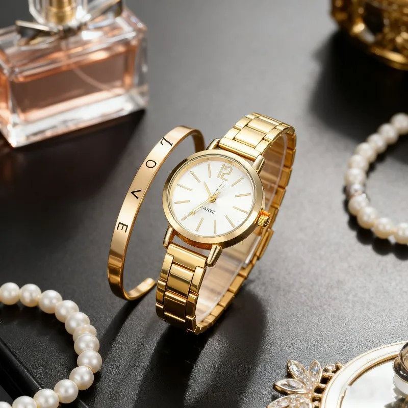 2 قطعة مجموعة الساعات الفاخرة النساء الطلب البسيط الصلب حزام موضة سوار ذهب كوارتز ساعة اليد السيدات الساعات Relogio Feminino
