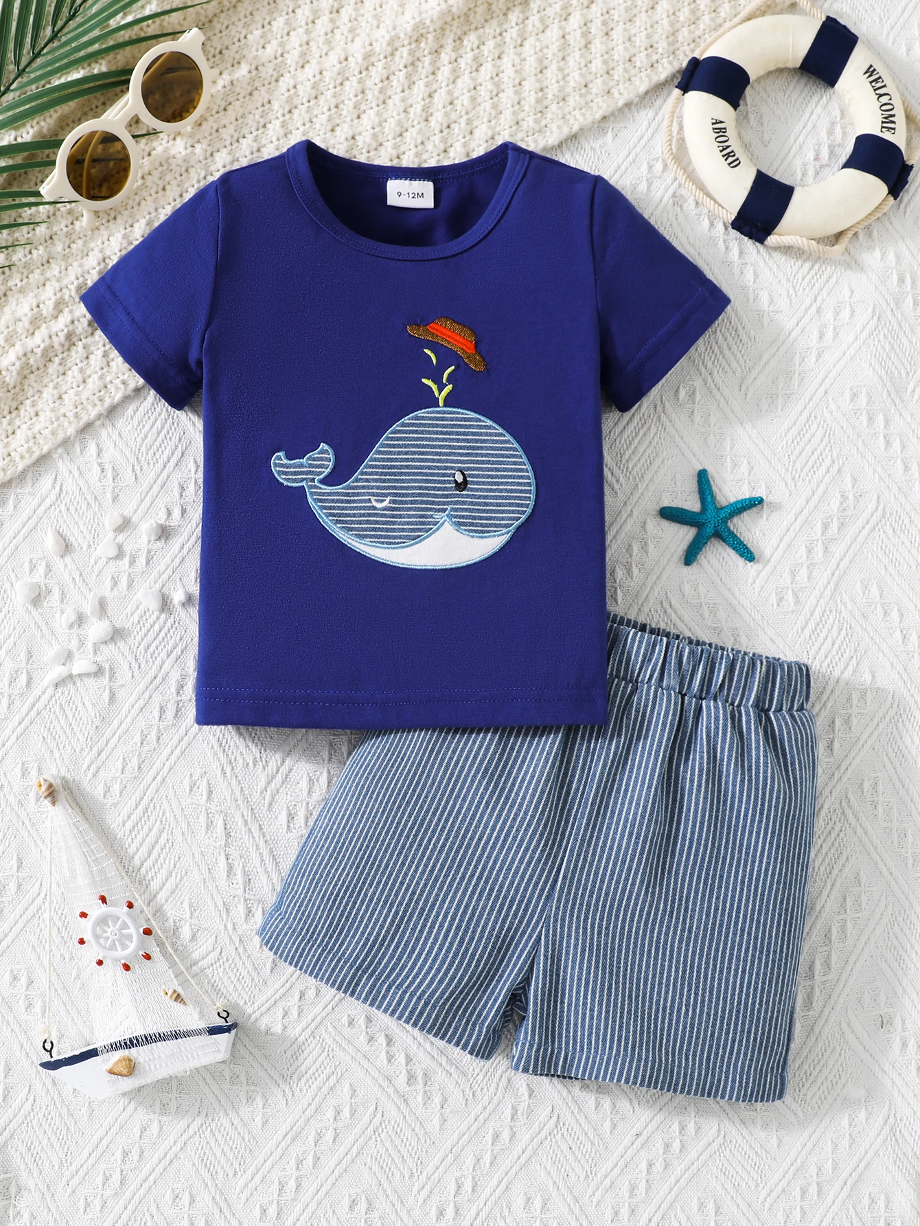 

Baby Boy Summer Casual Shark Print Short Sleeve Striped Pants Two-Piece Set Infant Clothing Outfit