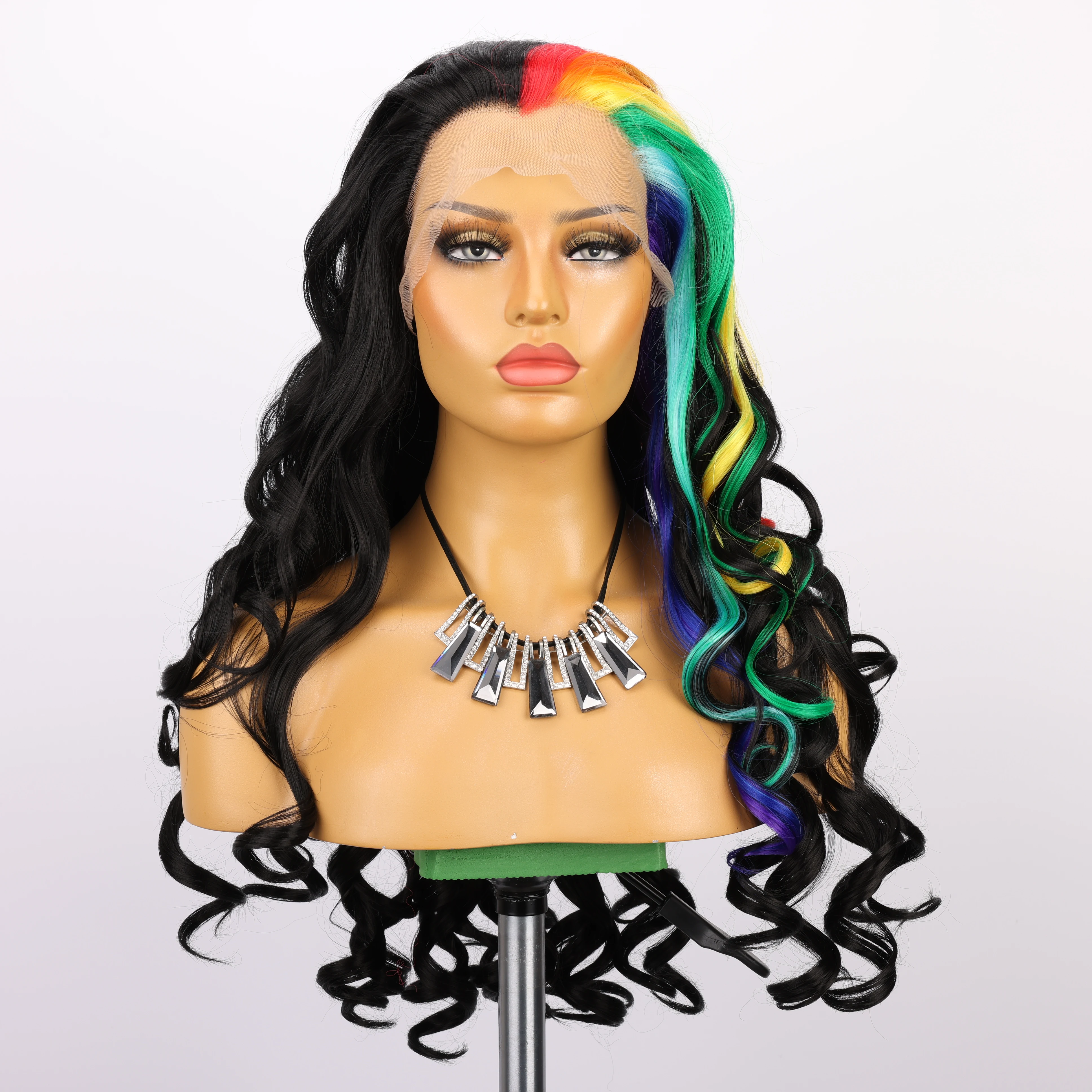 Half Black Half Rainbow Synthetic Wig Suitable For Cosplay party Travel Long Wave Wig 180 Density High Temperature Resistance