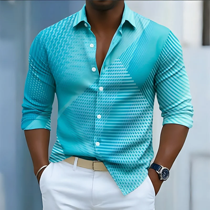 

Geometric pattern men's long sleeved shirt, digital printing, casual and comfortable, fashionable and trendy, street outdoor