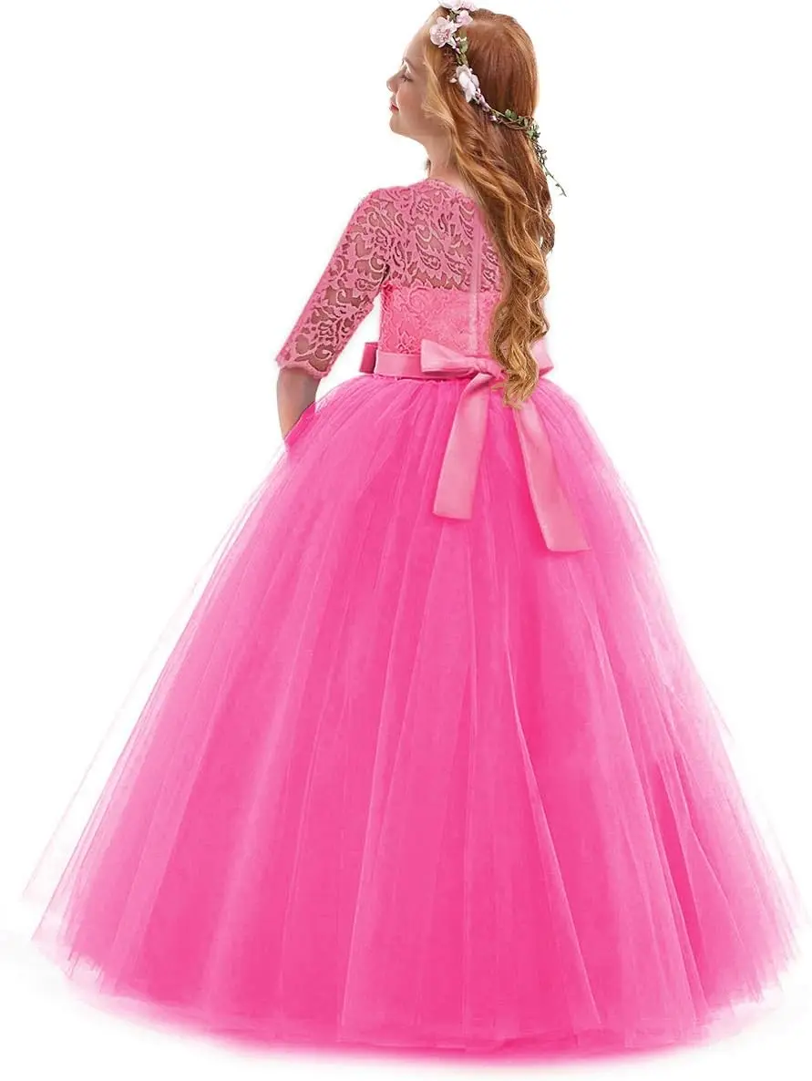 Menina flor retro flor renda 3/4 manga e vestido de chão festa de casamento aniversário comunhão vestido de noite formal pegeant vestido de baile