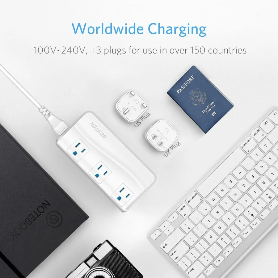 Adattatore da viaggio internazionale Convertitore di tensione step down da 220 V a 110 V con porta di ricarica USB QC3.0 Spina da viaggio universale