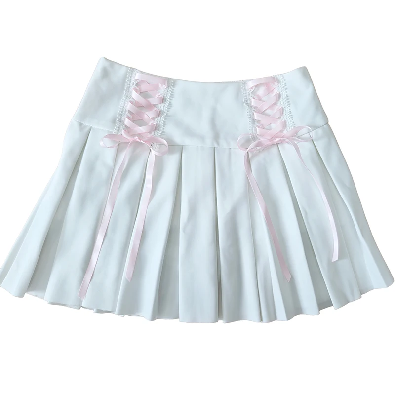 

White Pleated Skirts for Sweet Girls Summer Lace-up Lolita Style Cute Mini Shorts Skirt Women