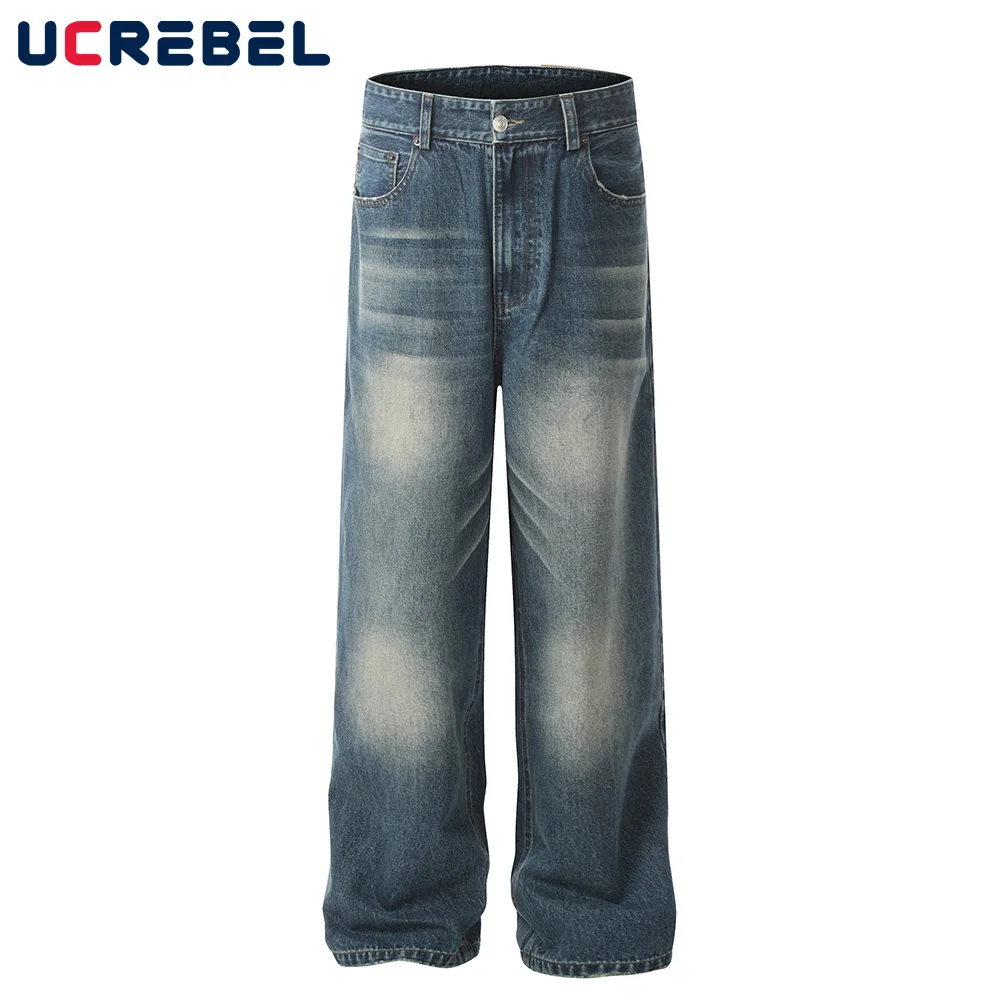 

Moustache Effect Denim Pants Mens Ripped Washed Distressed Autumn Loose Straight Loose Jeans Men