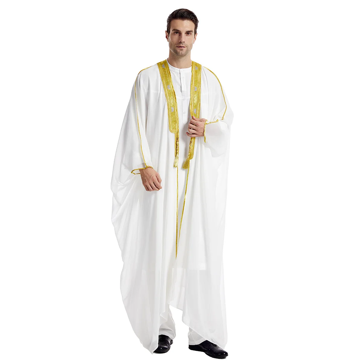 Ramadan Thobe Men's Embroidered Contrast Color Long-sleeved Cape Robe, Men's Abaya Burqa