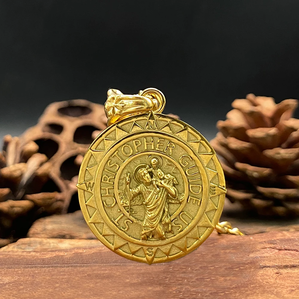 Men's St Christopher Necklace Gold Plated Stainless Steel Religious Medal Pendant Travel Protection Gift view 5