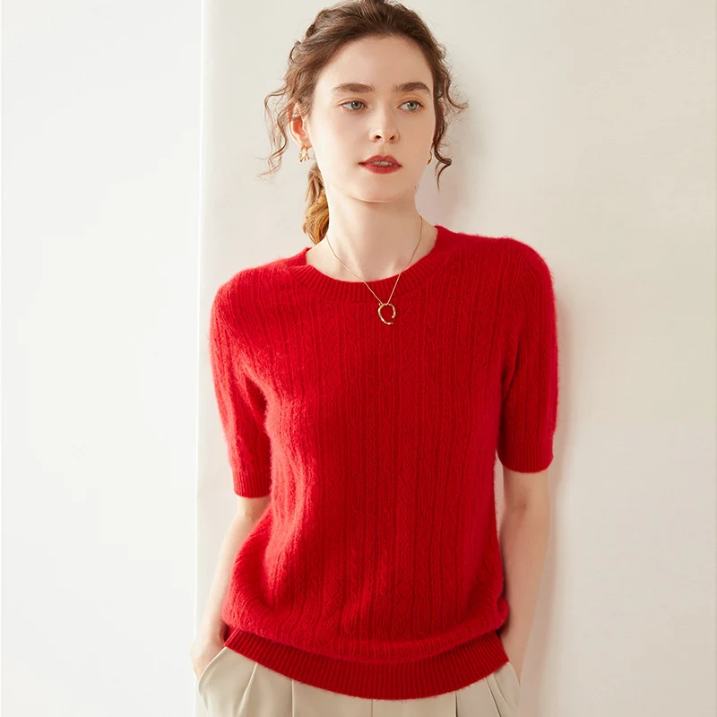 Women 100% Cashmere Sweater T-shirt 2023 New Short Sleeve Pullover Spring O-Neck Basic Jumper For Female Soft Shirt Girl Clothes