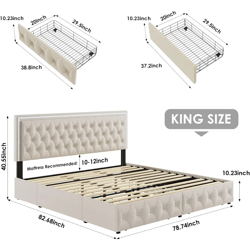 Keyluv King Upholstered LED Bed Frame with 4 Drawers, Velvet Platform Storage Bed with Adjustable Button Tufted Headboard