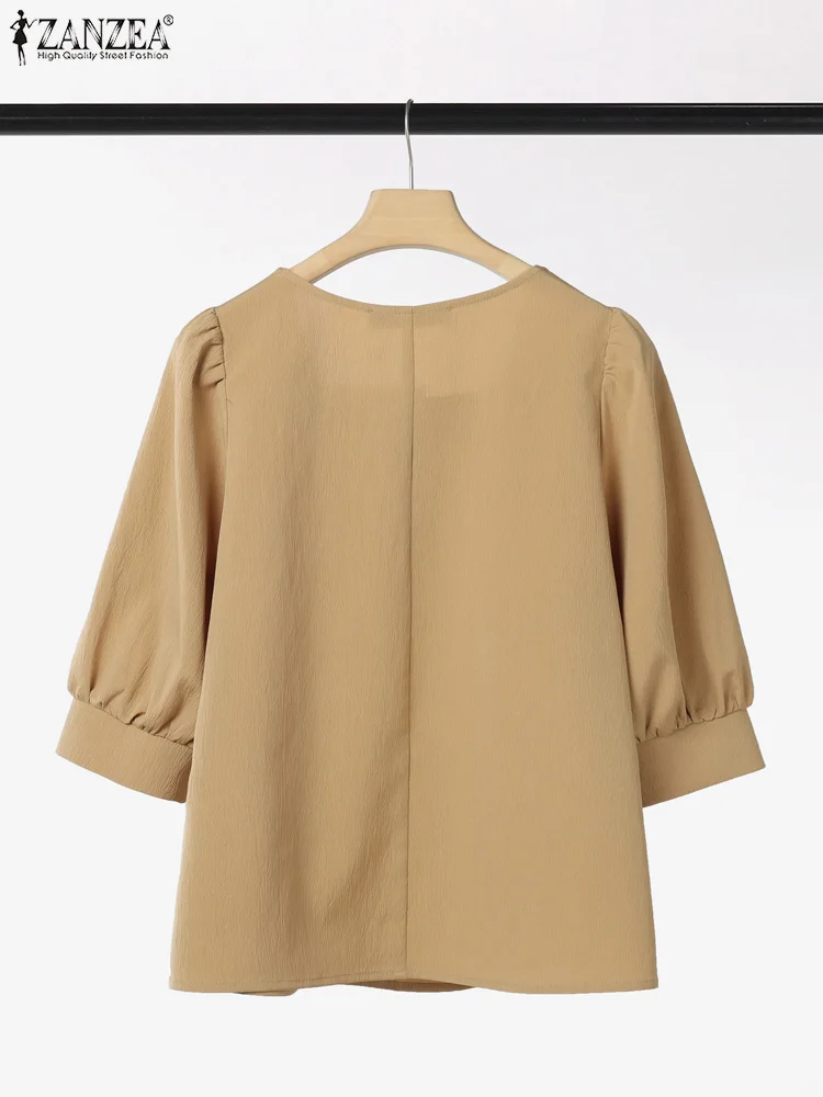 2023 ZANZEA Sommer Büro Hemd Frauen Elegante Square Neck 3/4 Hülse Arbeit Blusen Fashion Solid Urlaub Tunika Tops Lose Blusas
