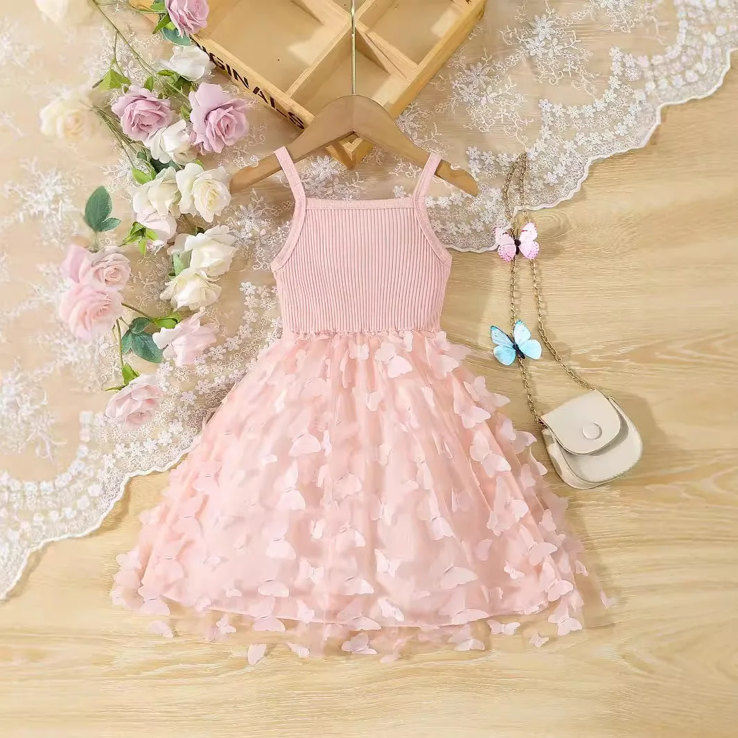 

Summer Toddler Kids Girl's Clothes Baby's Butterfly Decor Mesh Splicing Cami Dress Elegant Sleeveless Princess Dress