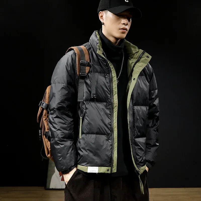 2025 الشتاء الرجال أسفل سترة رشاقته الدافئة التباين اللون الوقوف طوق الذكور ملابس خارجية سحاب أكمام طويلة فضفاضة معطف رجل غير رسمي #1