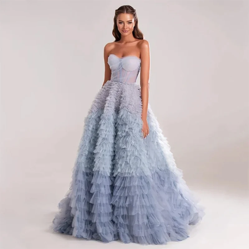 

Dusty Blue Sweetheart Evening Dresses Sleeveless Dubai Luxury Blue Tiered Ruffles Wedding Party Prom Dresses Customized