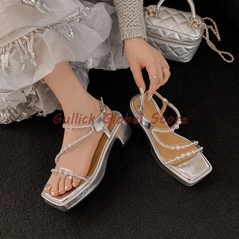 2024 New Arrival Genuine Leather Square Toe Rhinestone Chunky Heels Sandals PVC Band Summer Dress Elegant Grace Breathable Sweet