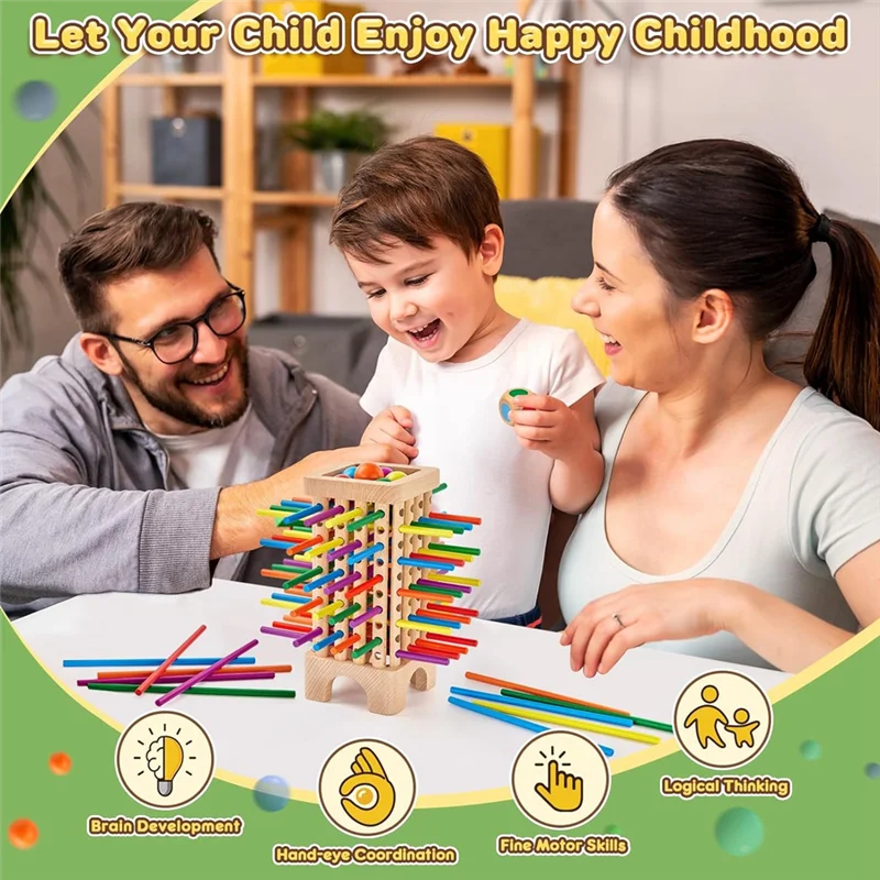 

LCLL-Wooden Board Game Montessori , 42 Colourful Sticks Dice Game Math Educational , Family Fun Ball Dropping Game