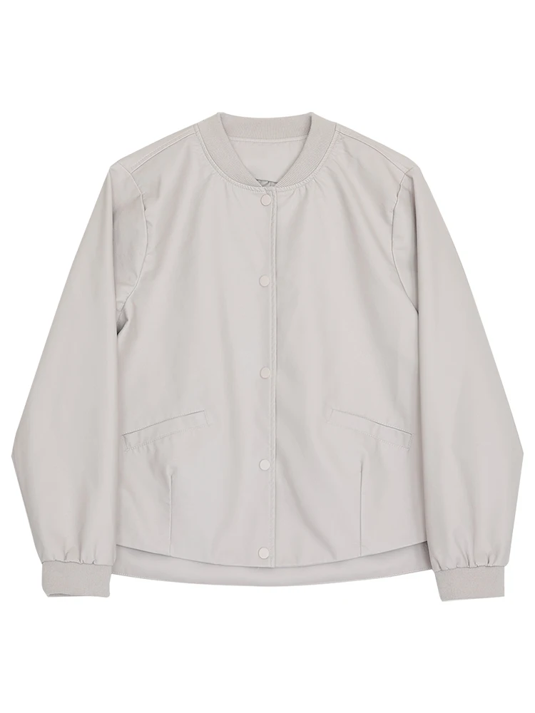 جاكيت نسائي كاجوال من الجلد الصناعي، جديد لفصلي الربيع والخريف، بأكمام طويلة وياقة مستديرة، بلون واحد، معطف أنيق للسيدات