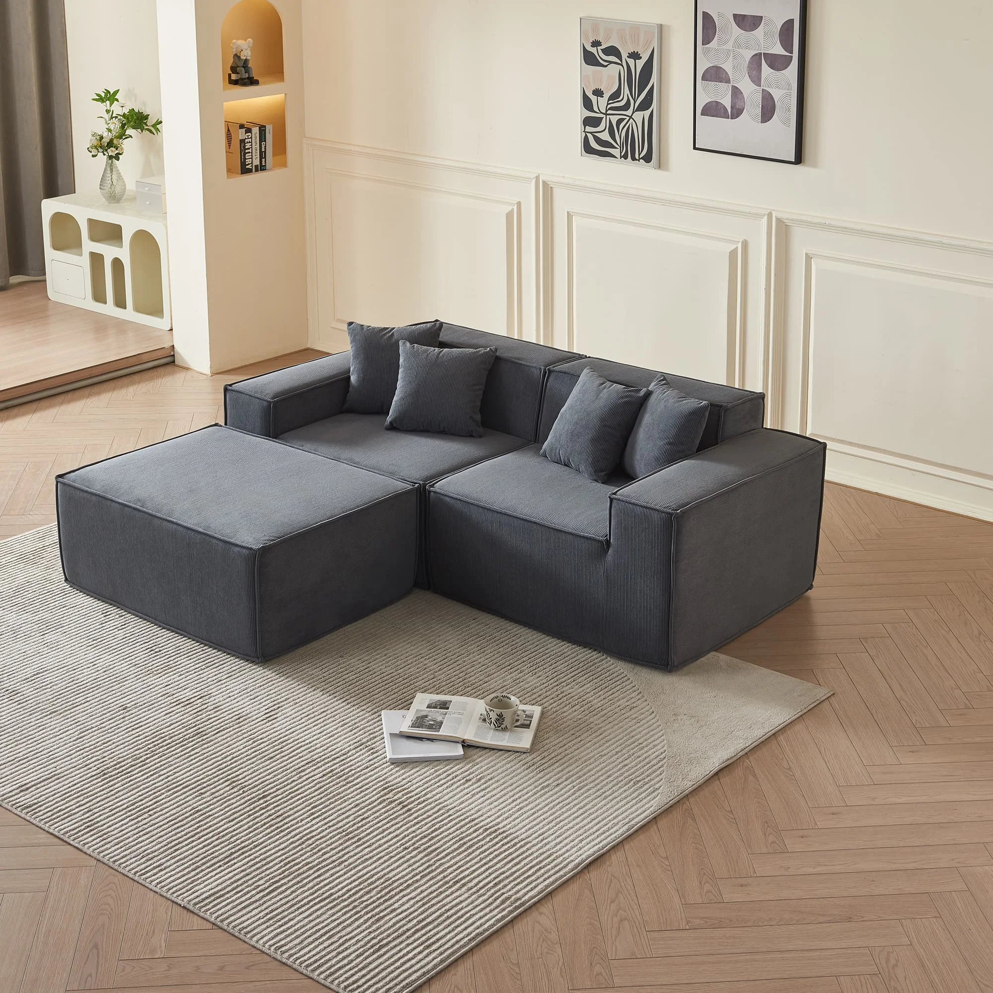 

High Compressed Multi Seat Corduroy Sectional Sofa Ottoman Modern Luxury Square Shape Tufted Upholstered Set Villa Apartment