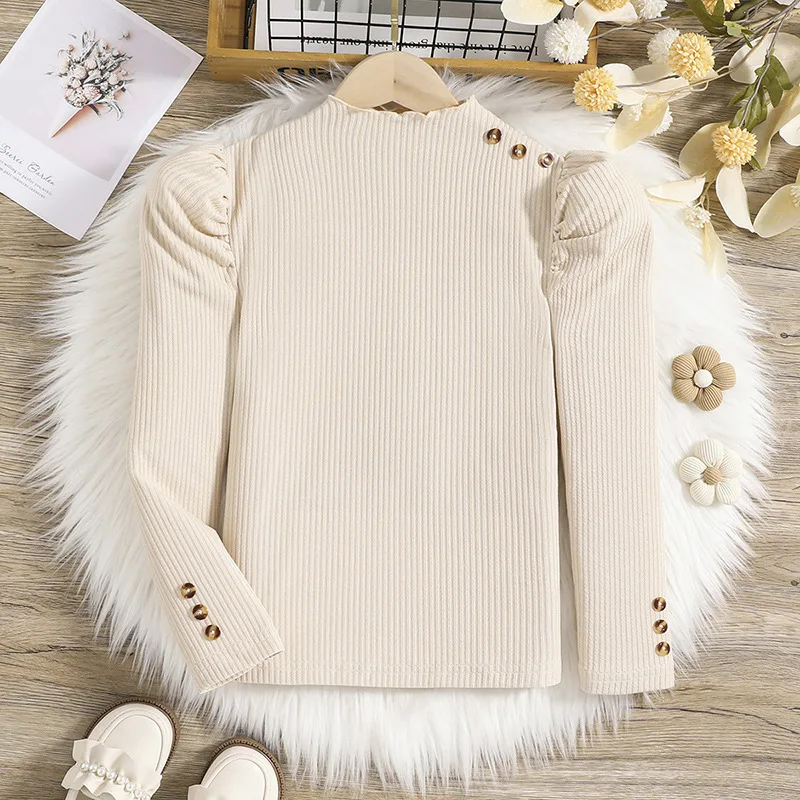 

New Arrivals Spring Children Long Sleeve O Neck Button Beige Cute Girls Children T-shirt Child Tops Clothes 18M-7T