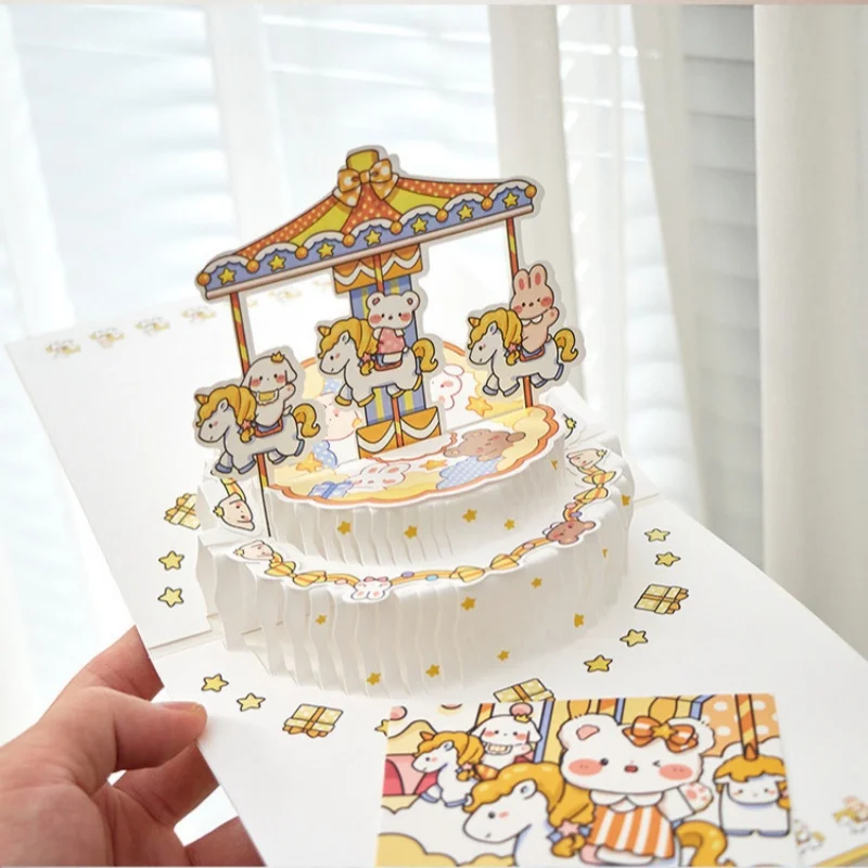 

1 pcs Pop up Style DIY 3D Cake Greeting Card Carousel Foldable Creative Birthday Greeting Card Handmade Gift With Envelope