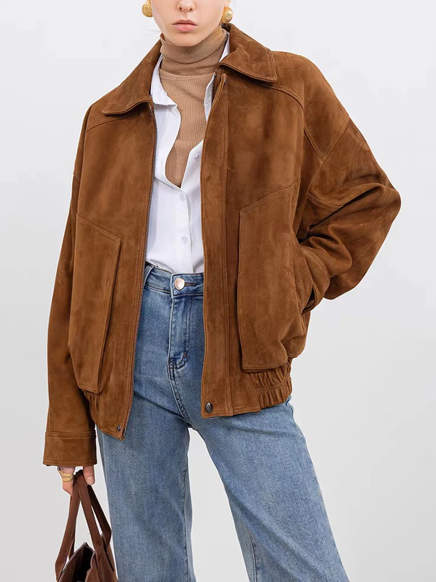 Retro High End Imported Soft Suede Leather Bomber Jacket Woman Square  Sleeve Big Pocket 100% Kid Suede Coat Top