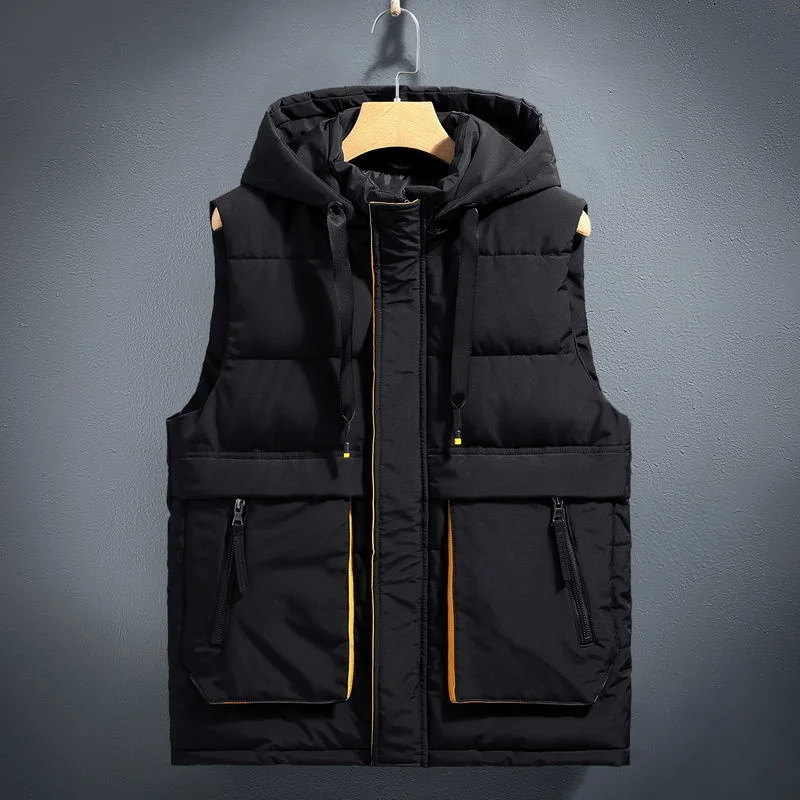 L-7XL Tooling Style Men Hooded Vests Detachable Black Warm Waistcoat Loose Male Coat Fashion Sleeveless Heated Padded Jacket New