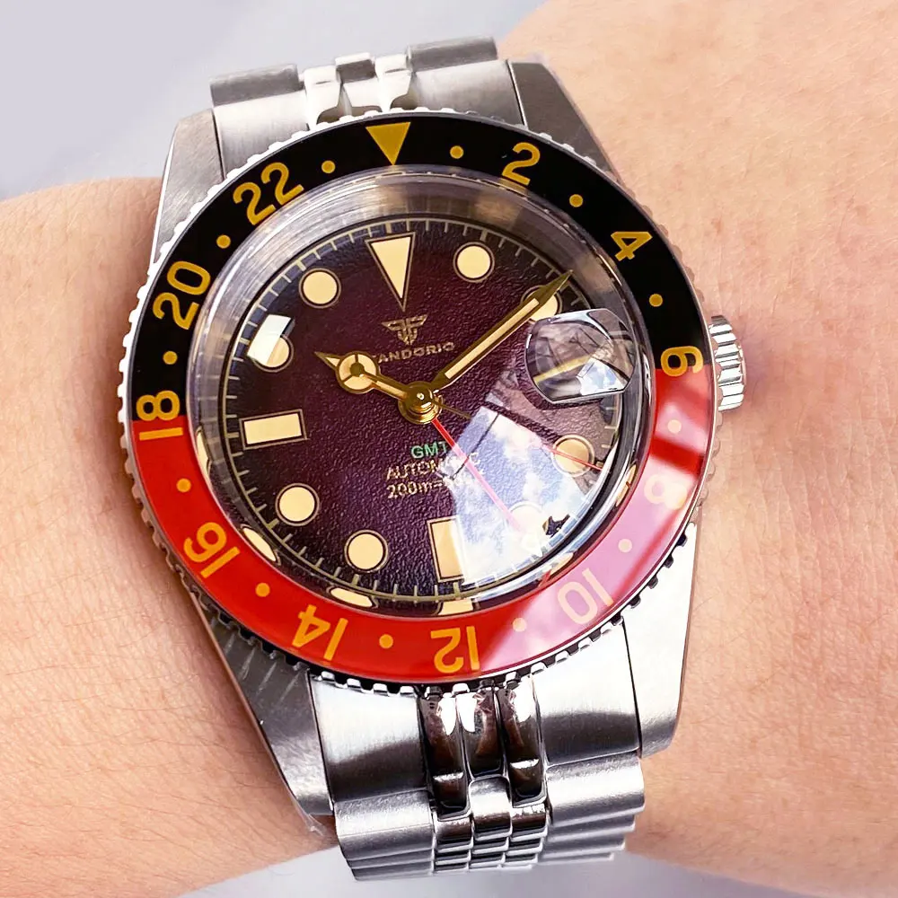 NH34A التلقائي ساعة رجالي ريترو ساعات آلية GMT الرياح الذاتية 200 متر مقاوم للماء فقاعة الياقوت 38 مللي متر 316L سوار مضيئة