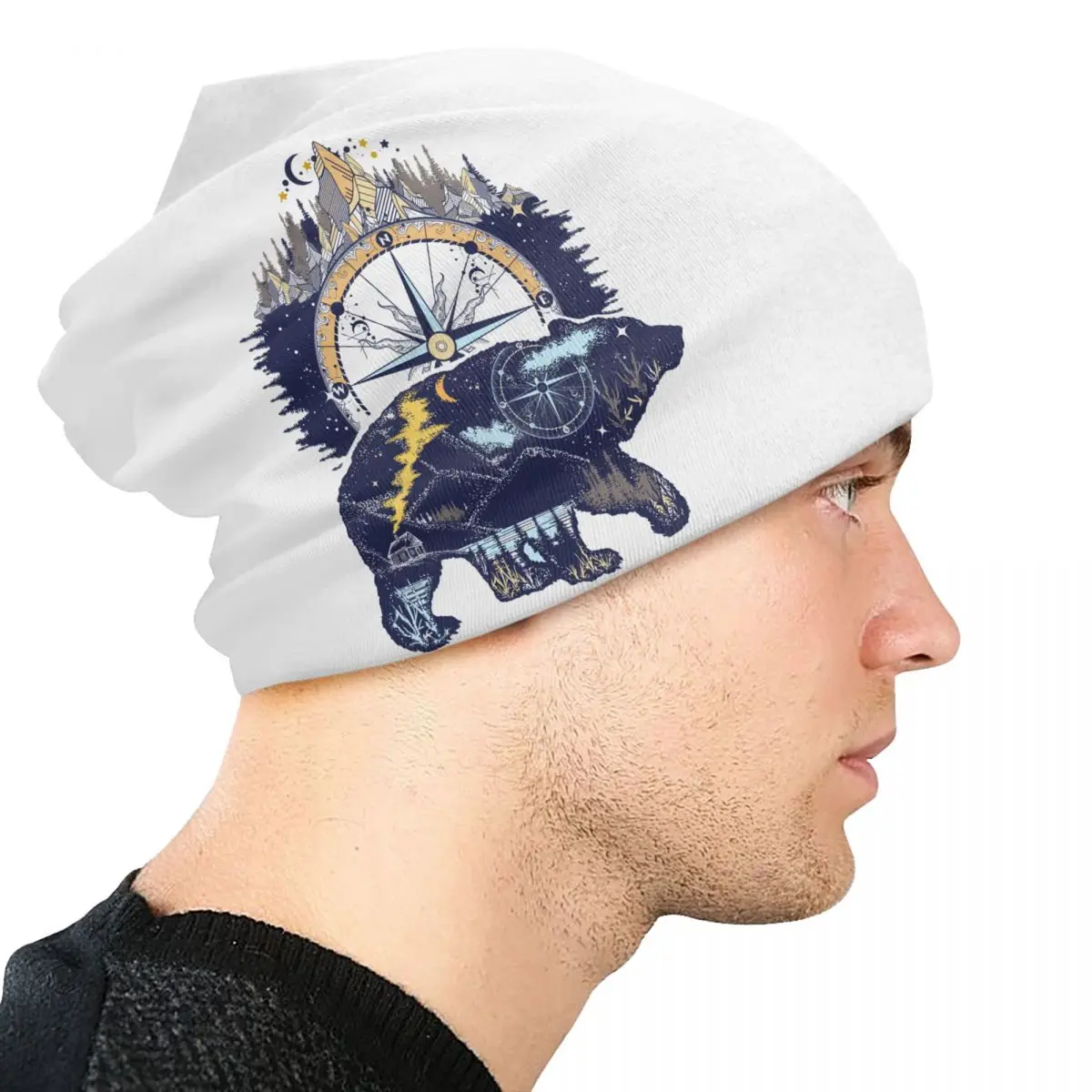 Custom Bear And Mountains Adventure Compass Skullies Beanies Caps Men Women Unisex Trend Winter Warm Knit Hat Adult Bonnet Hats